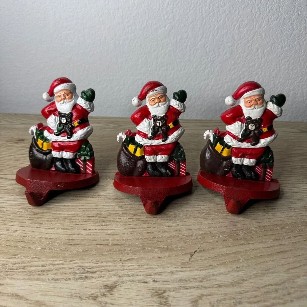 Lillian Vernon 1990 Cast Iron Santa‎ Claus Christmas Stocking Holders Set of 3